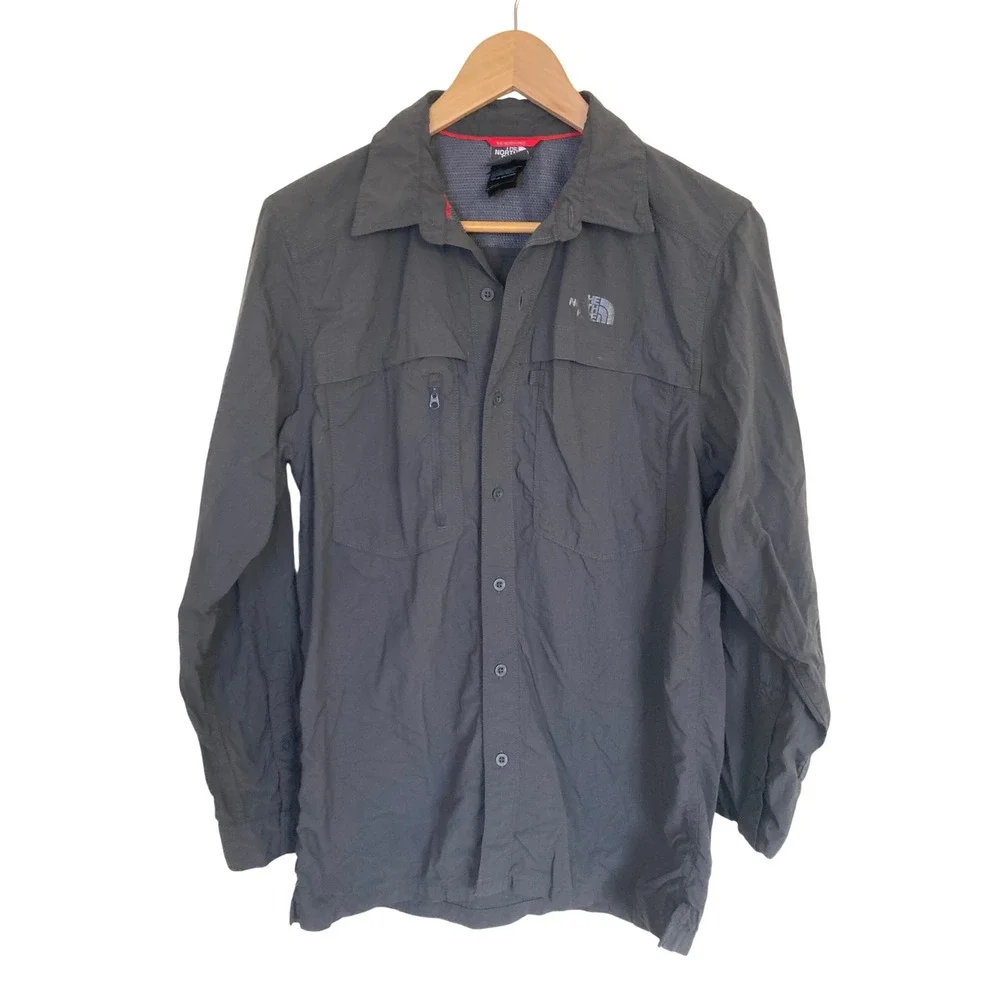 The North Face Mens Gray Nylon Hiking Shirt Long Sleeve Zip Pocket Small